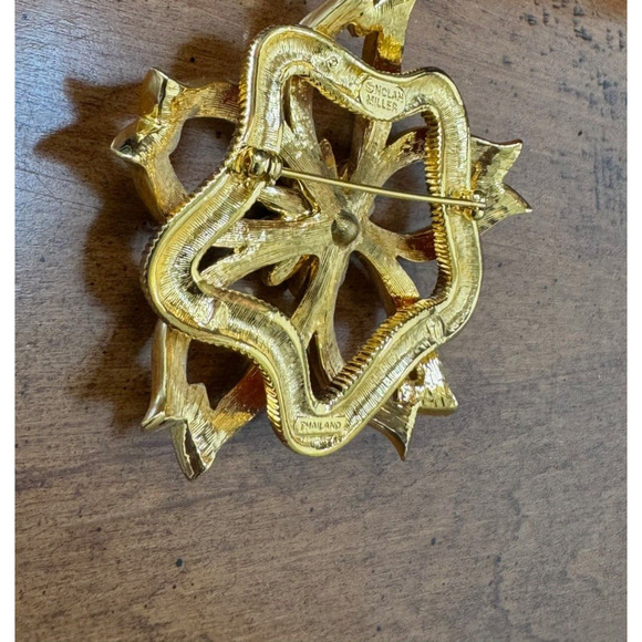 Nolan Miller Orange Enamel & Crystal Floral Flower Pin Brooch Gold Tone 2.5" - Picture 4 of 5